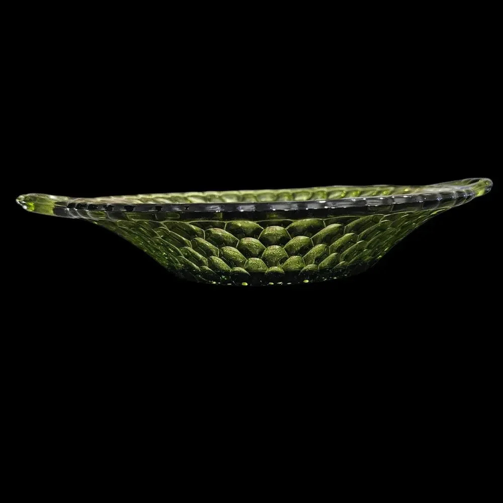 Vintage Olive Green Pressed Glass Handled Serving Bowl Dish Centerpiece
